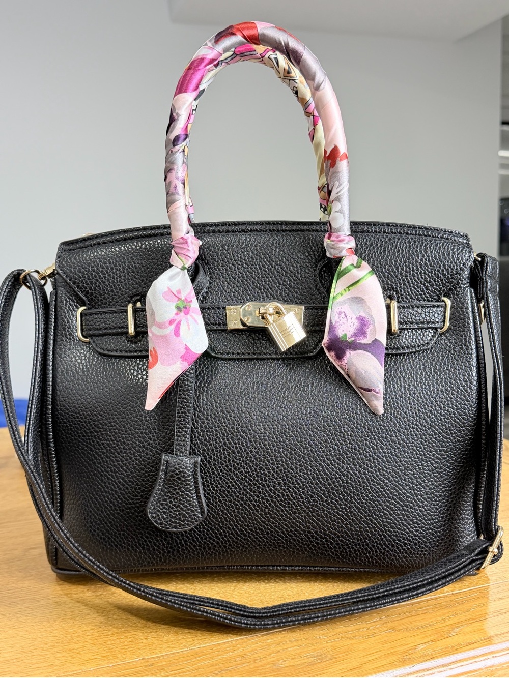 Black Structured Satchel Handbag Gold Hardware Shoulder Strap
